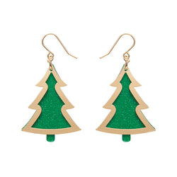 Green Christmas Tree Drop Earrings - Gold