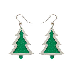 Green Christmas Tree Drop Earrings - Silver