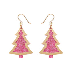 Pink Christmas Tree Drop Earrings - Gold