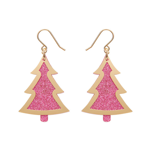 Pink Christmas Tree Drop Earrings - Gold