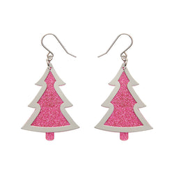 Pink Christmas Tree Drop Earrings - Silver