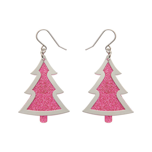 Pink Christmas Tree Drop Earrings - Silver