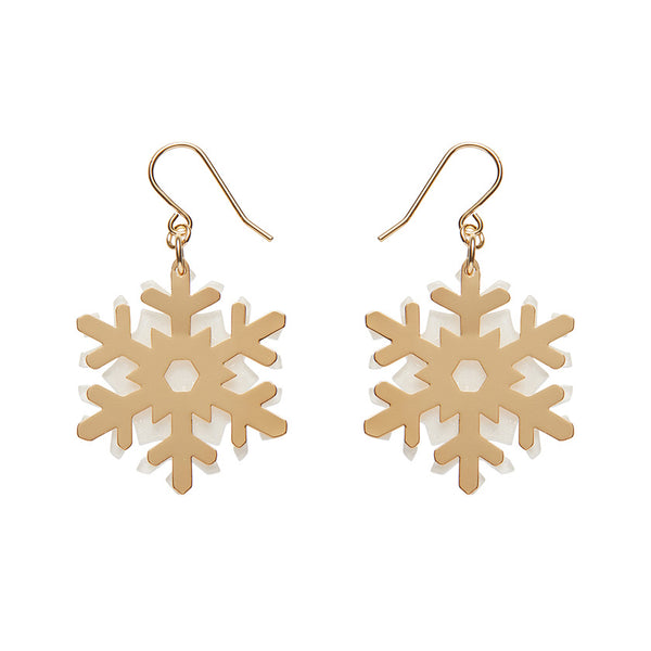 White Snowflake Drop Earrings - Gold