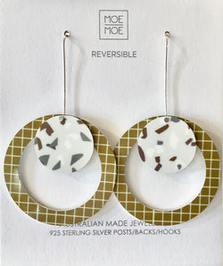 MOE MOE NEUTRAL TONES/OLIVE TERRAZZO GRID LAYERED CIRCLE OUTLINE LONG DROP EARRINGS