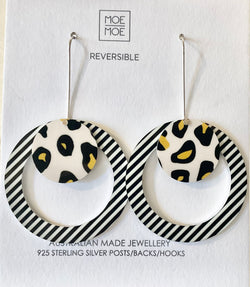 MOE MOE BLACK LINED LEOPARD LAYERED CIRCLE OUTLINE LONG DROP EARRINGS