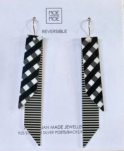 MOE MOE EBONY STRIPED GINGHAM LAYERED ANGLED BAR DROP EARRINGS
