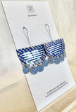MOE MOE INDIGO STRIPE GINGHAM LAYERED MOON OUTLINE LONG DROP EARRINGS