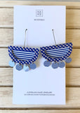 MOE MOE INDIGO STRIPE GINGHAM LAYERED MOON OUTLINE LONG DROP EARRINGS