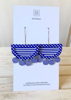 MOE MOE INDIGO STRIPE GINGHAM LAYERED MOON OUTLINE LONG DROP EARRINGS