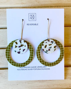 MOE MOE NEUTRAL TONES/OLIVE TERRAZZO GRID LAYERED CIRCLE OUTLINE LONG DROP EARRINGS