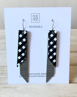 MOE MOE EBONY STRIPED GINGHAM LAYERED ANGLED BAR DROP EARRINGS