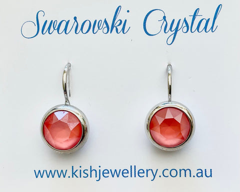 Swarovski Crystal round ‘Light Coral Lacquer’ earrings - rhodium plated