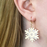 White Snowflake Drop Earrings - Gold