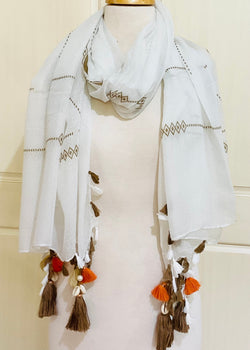 Scarf by Blue Scarab.  Beige on off white background
