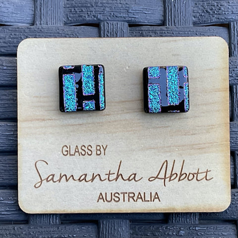 Samantha Abbott Dichroic Square Art Glass earrings - Blue : black
